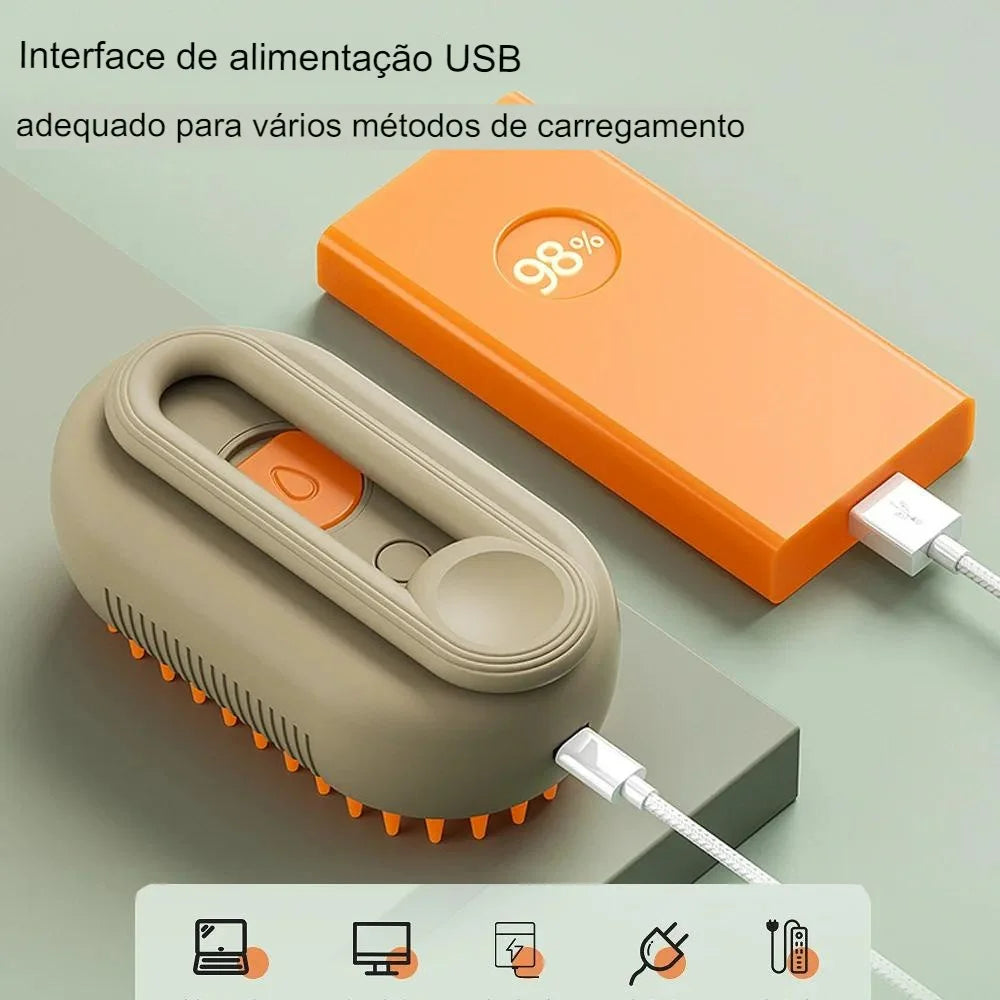 Escova a Vapor 3 em 1 para Gatos e Cães, Remove Pelos e Faz Massagem