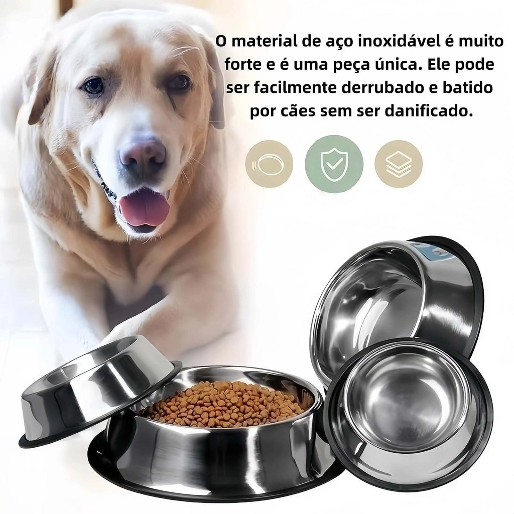 Comedouro/Bebedouro em Inox Antiderrapante para Cães e Gatos, Resistente para Pets de Todos os Portes