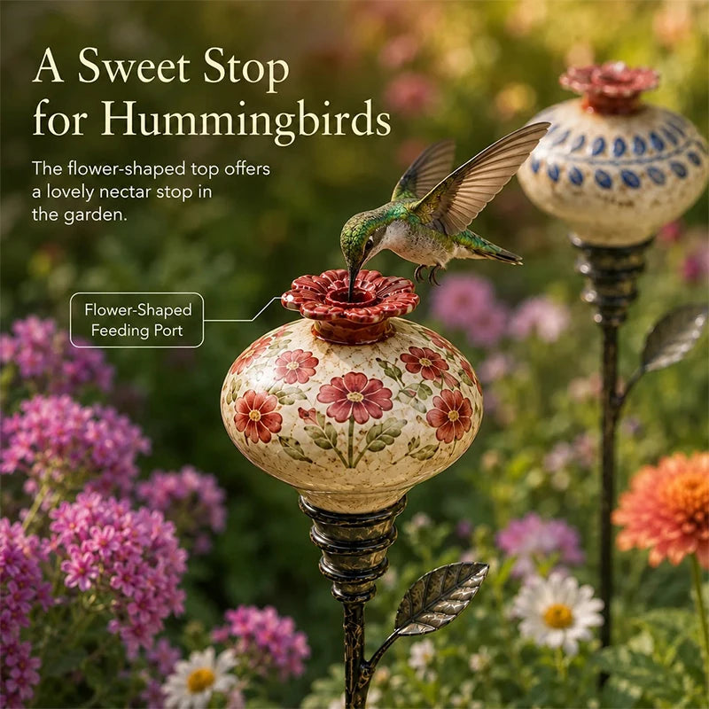 Bebedouro para Beija-Flor em Cerâmica Vintage, Estaca de Jardim com Garrafa de Vidro, Decoração Externa