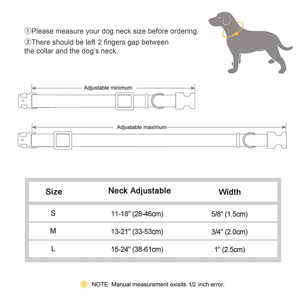 Coleira de Nylon Personalizada para Cães com Estampa Fofa, Gravação Grátis de Identificação, Ajustável