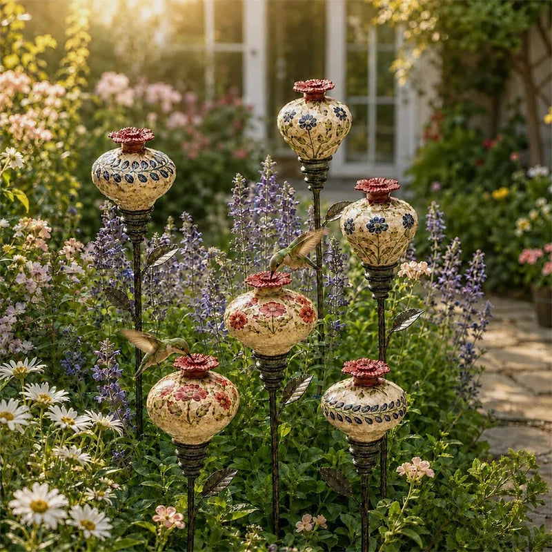 Bebedouro para Beija-Flor em Cerâmica Vintage, Estaca de Jardim com Garrafa de Vidro, Decoração Externa