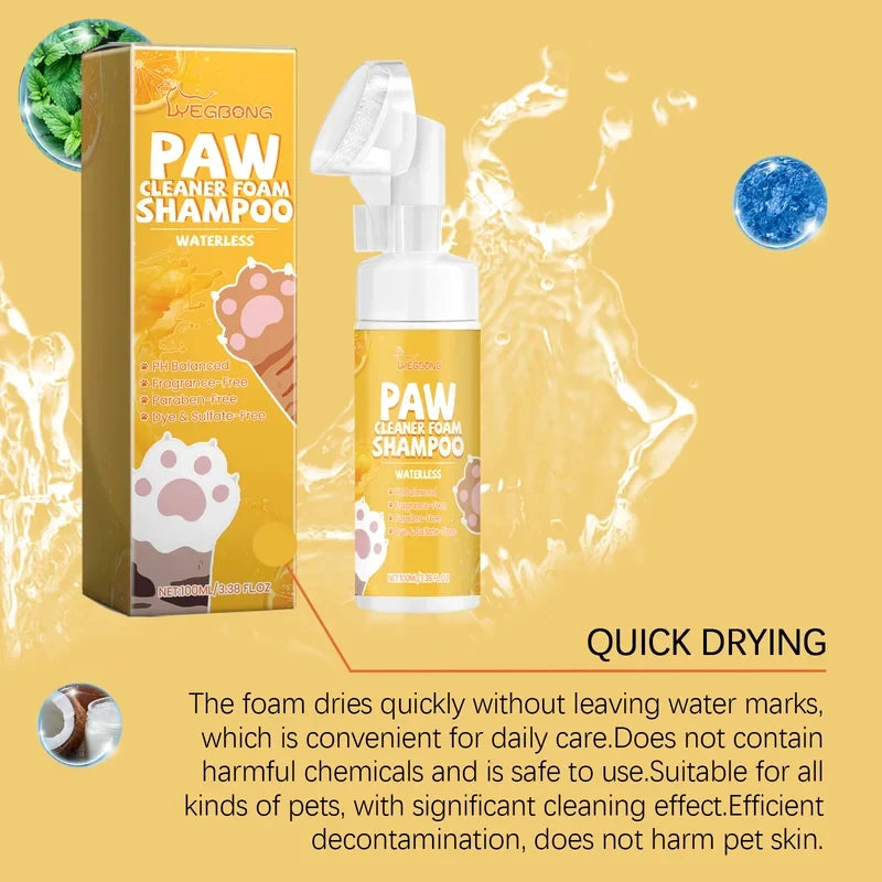 Espuma de Limpeza a Seco para Patas de Cães e Gatos, 100ml, Suave e Elimina Odores