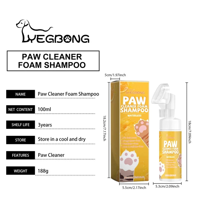 Espuma de Limpeza a Seco para Patas de Cães e Gatos, 100ml, Suave e Elimina Odores