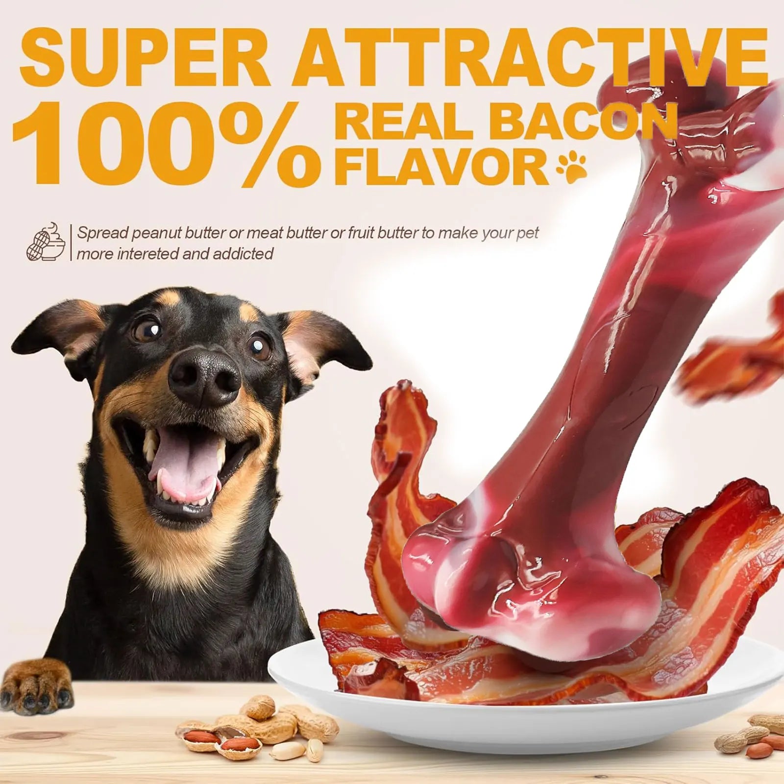 Osso de Borracha Sabor Bacon para Cães, Limpeza Dental e Adestramento