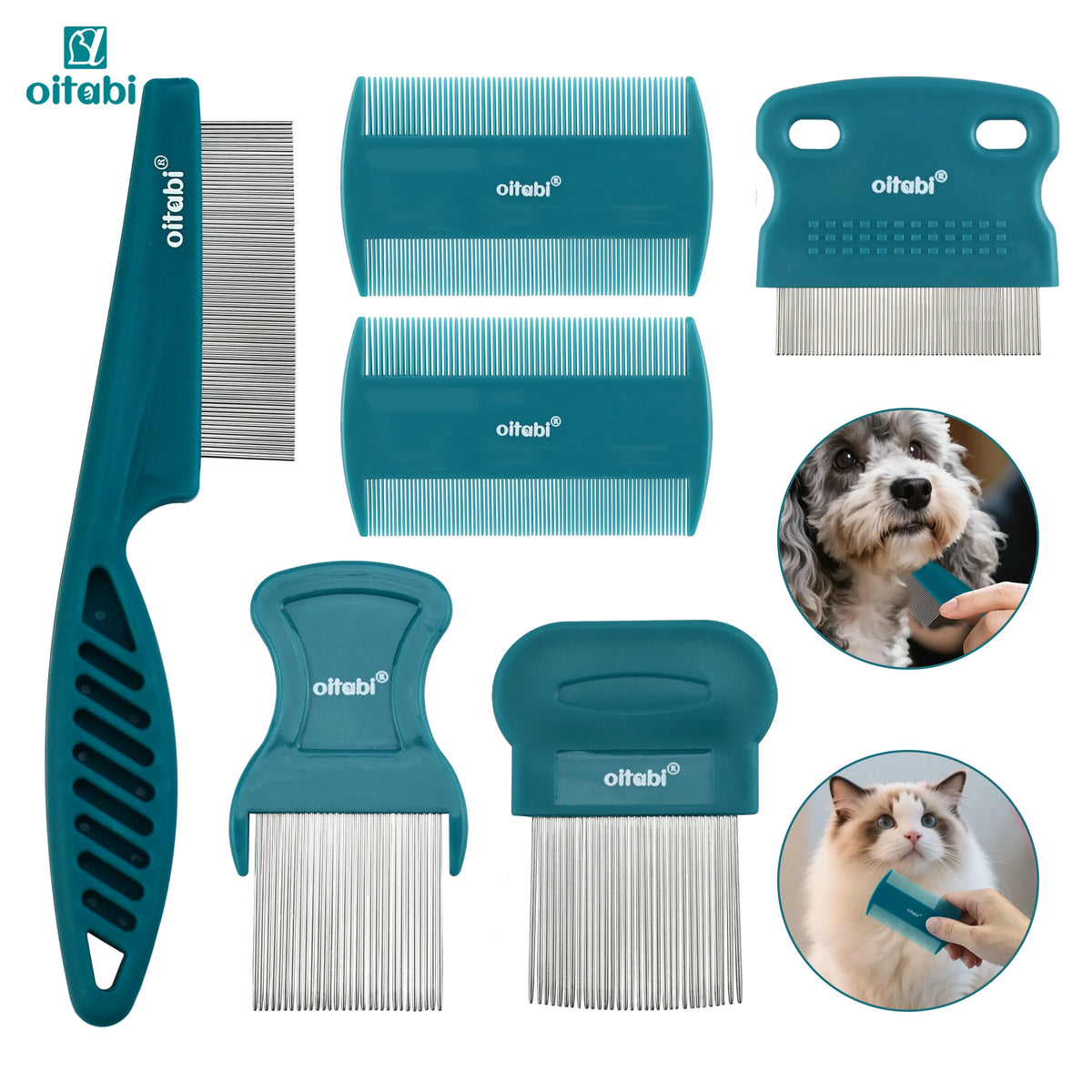 Oitabi 3/4/5/6Pcs Dog Grooming Comb Set, Pet Flea Lice Stainless Steel Cat Combs, 2-in-1 Double Sided Dogs Tear Stain Remover