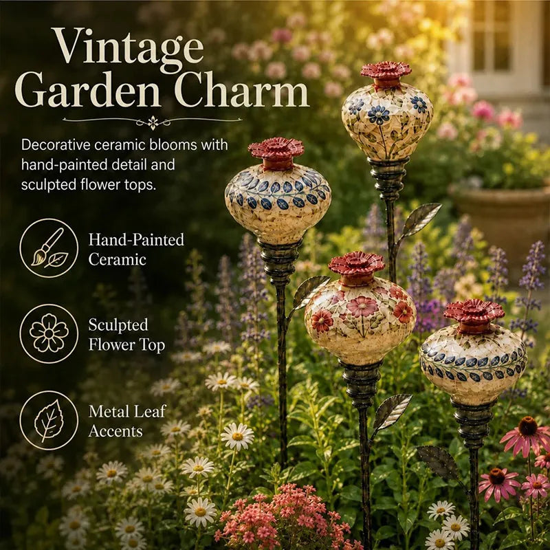 Bebedouro para Beija-Flor em Cerâmica Vintage, Estaca de Jardim com Garrafa de Vidro, Decoração Externa
