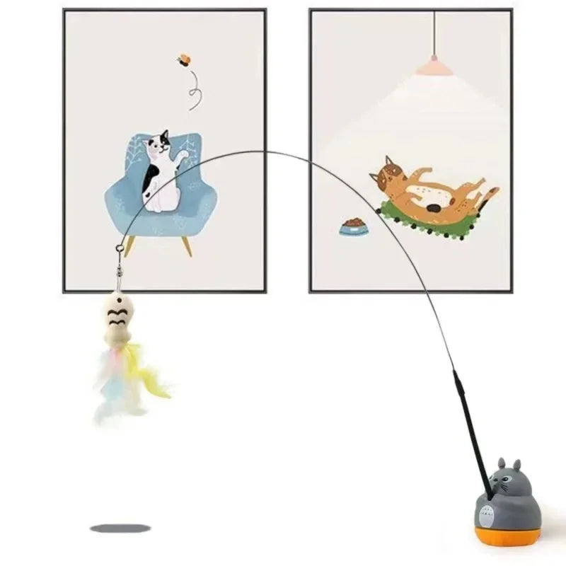 Varinha Fishing para Gatos com Penas Giratórias, Cabo Longo Flexível