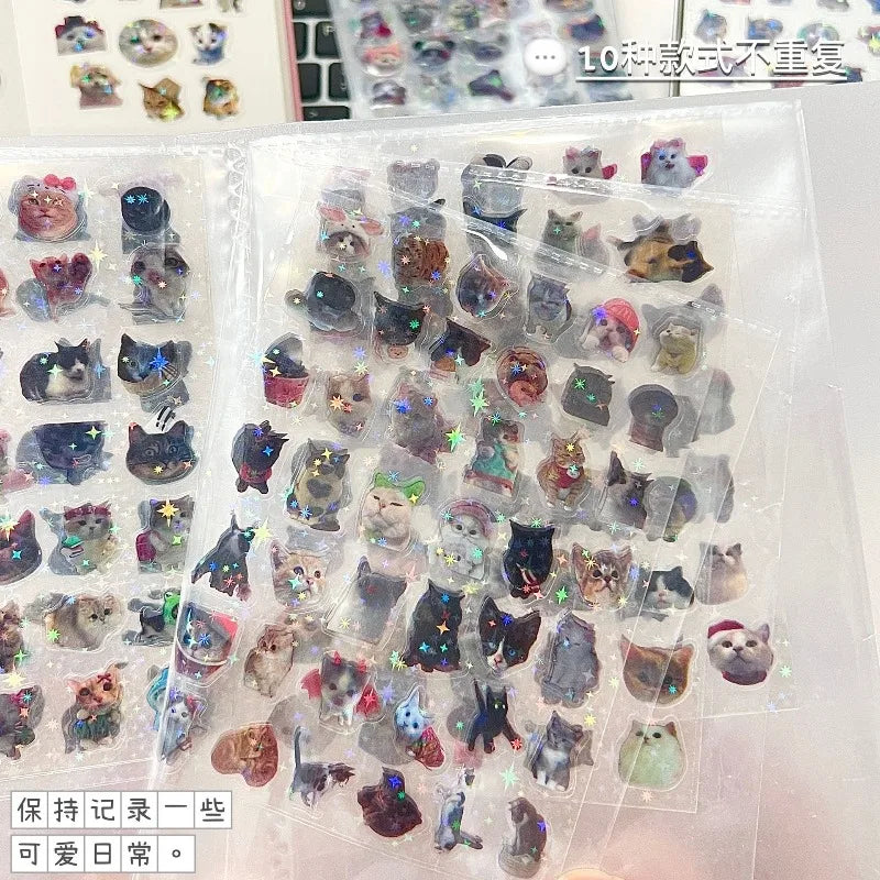10pcs Cat Laser Stickers Memo Pet Glitter Waterproof Translucent Funny Stationery Cute Scrapbooking Materials Craft Supplies