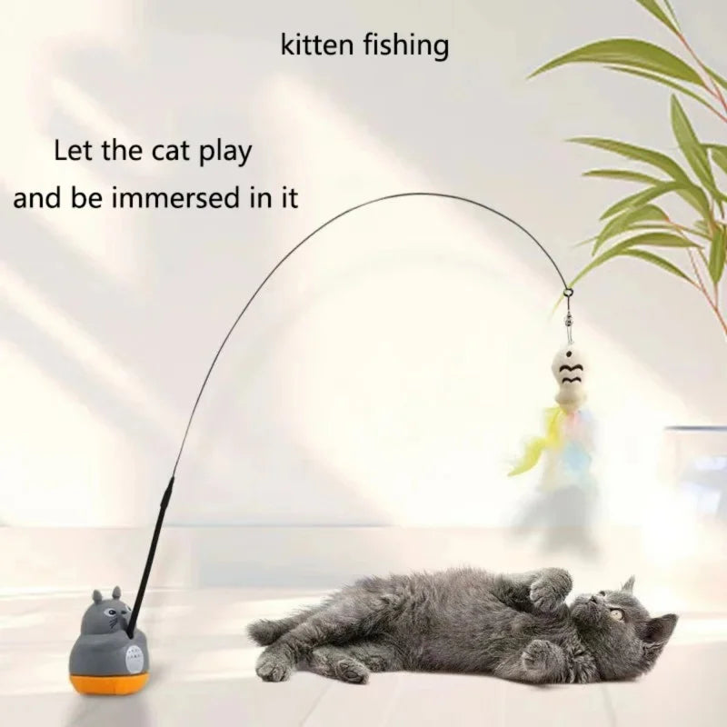 Varinha Fishing para Gatos com Penas Giratórias, Cabo Longo Flexível