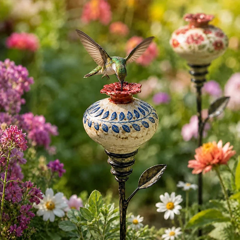 Bebedouro para Beija-Flor em Cerâmica Vintage, Estaca de Jardim com Garrafa de Vidro, Decoração Externa