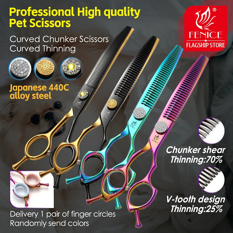 Fenice High-end 7.25 inch Professional Pet Dog Grooming Scissors Curved Thinning Chunker Shears for Tijeras Peluquería Canina