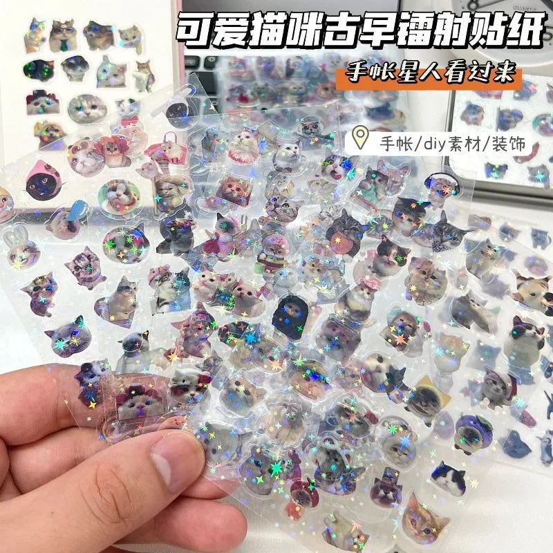 10pcs Cat Laser Stickers Memo Pet Glitter Waterproof Translucent Funny Stationery Cute Scrapbooking Materials Craft Supplies