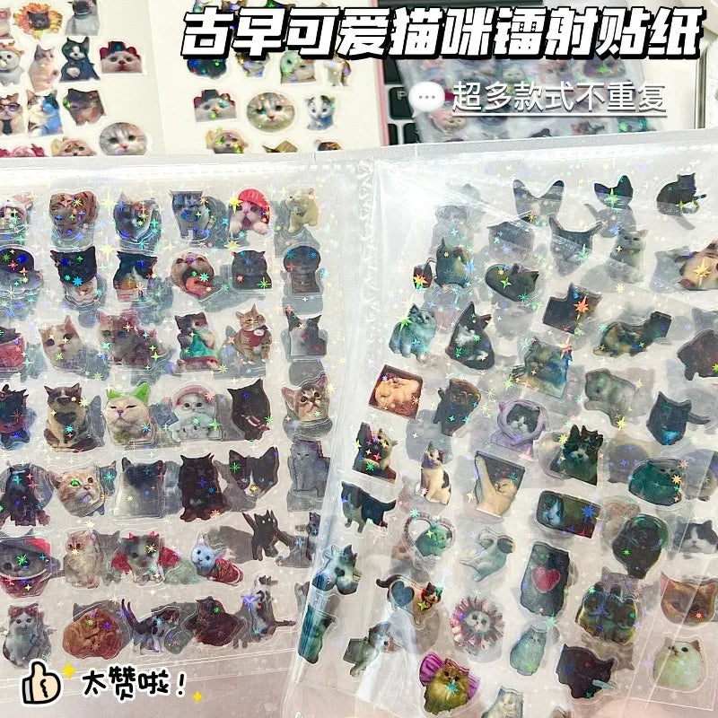 10pcs Cat Laser Stickers Memo Pet Glitter Waterproof Translucent Funny Stationery Cute Scrapbooking Materials Craft Supplies