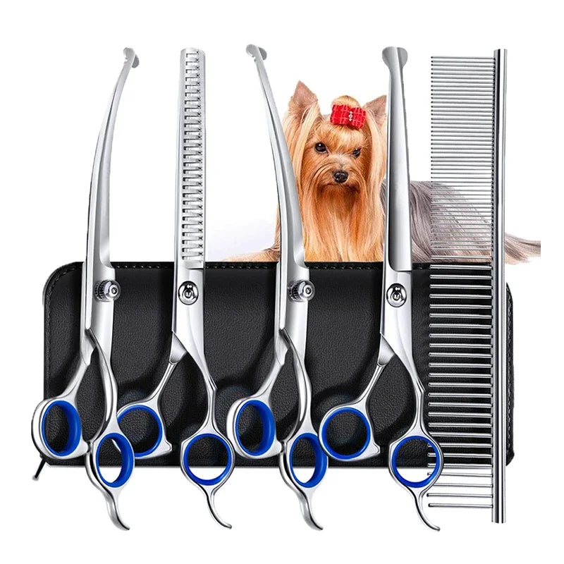 Kit Tesouras Profissionais 5 em 1 para Tosa de Cães e Gatos, Aço Inoxidável com Ponta de Segurança