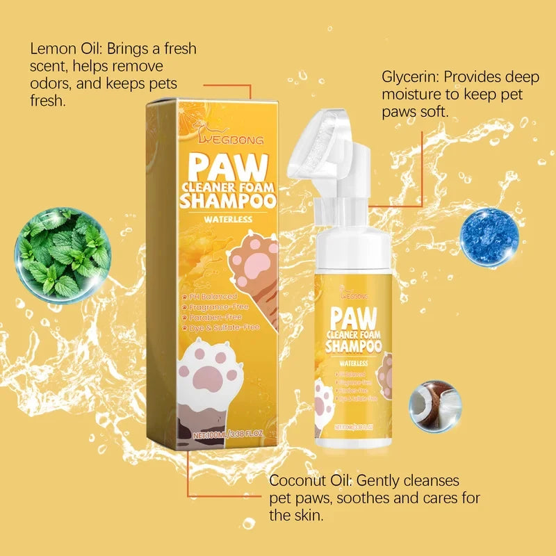 Espuma de Limpeza a Seco para Patas de Cães e Gatos, 100ml, Suave e Elimina Odores
